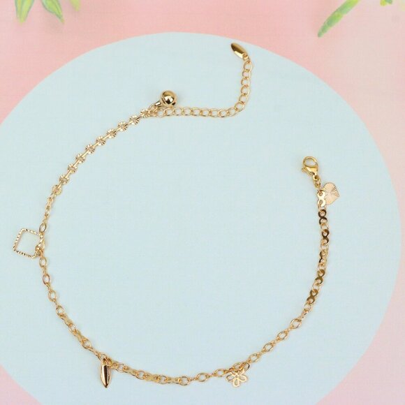 "Rose Gold Charm Anklet with Floral, Leaf & Square Link Accents, XPAL1045 - Picture 2 of 12